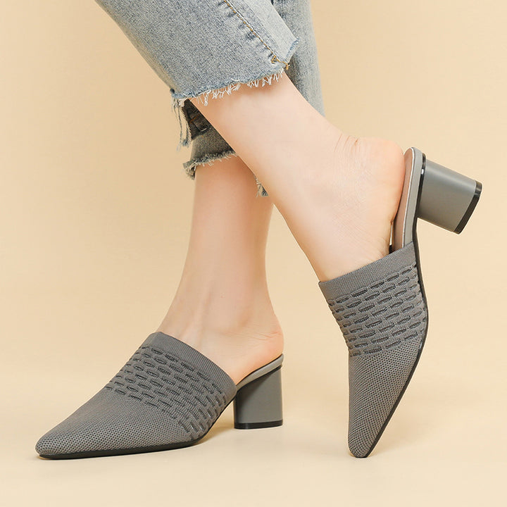 Chic Knit Block Heels Mules for Women - Pointed Toe Elegance for Parties & Events