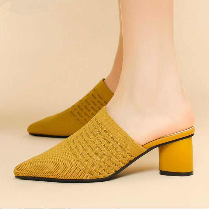 Chic Knit Block Heels Mules for Women - Pointed Toe Elegance for Parties & Events