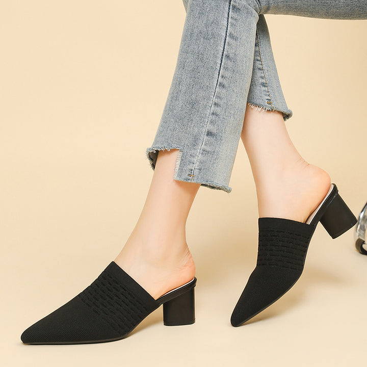 black Chic Knit Block Heels Mules for Women - Pointed Toe Elegance for Parties & Events