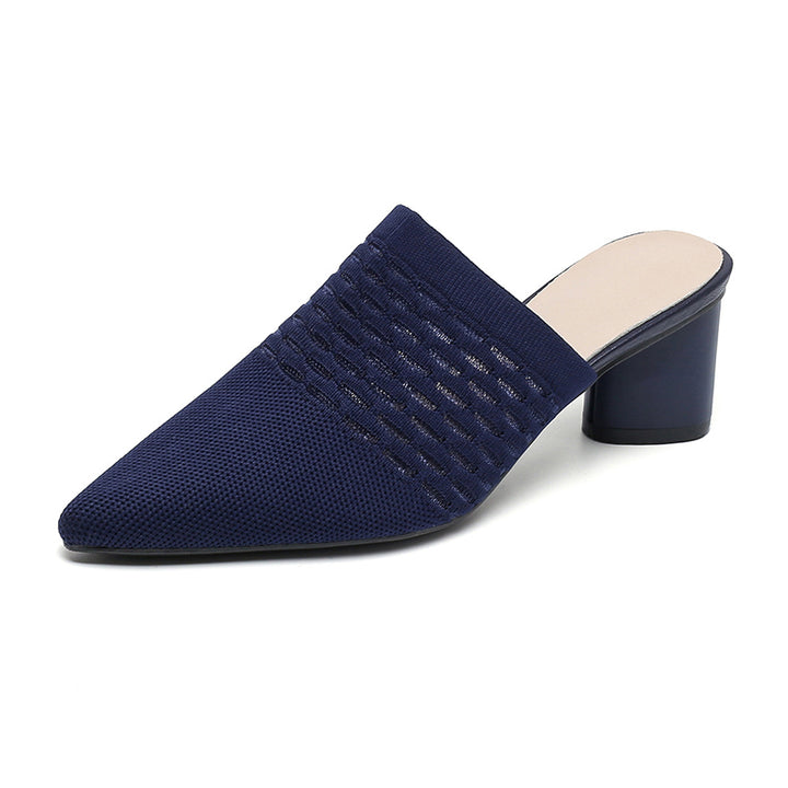 Chic Knit Block Heels Mules for Women - Pointed Toe Elegance for Parties & Events