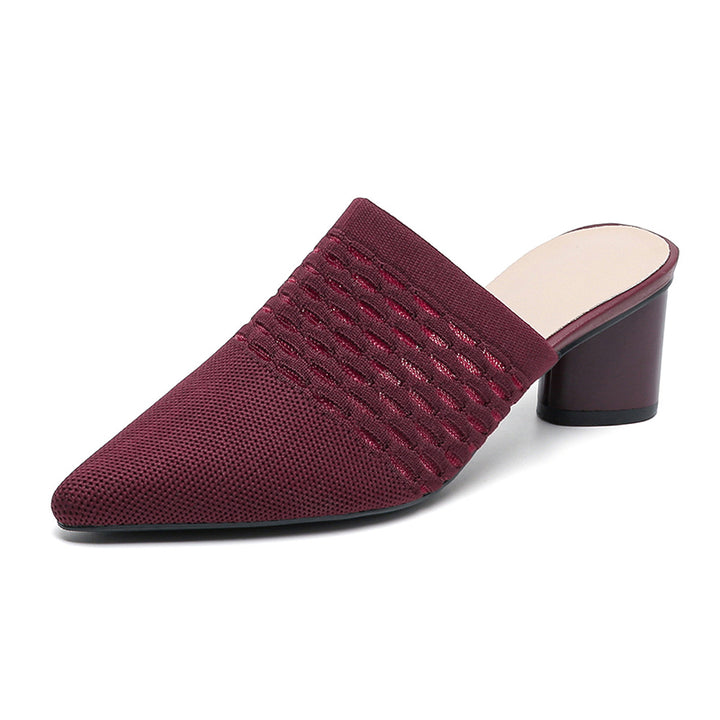 burgundy Chic Knit Block Heels Mules for Women - Pointed Toe Elegance for Parties & Events
