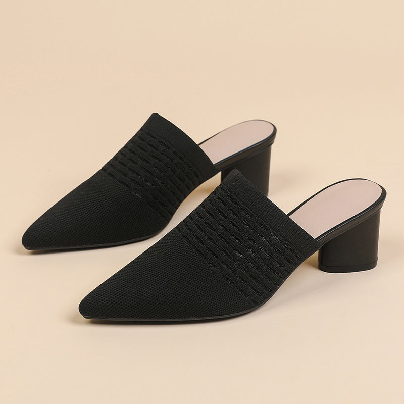 black Chic Knit Block Heels Mules for Women - Pointed Toe Elegance for Parties & Events