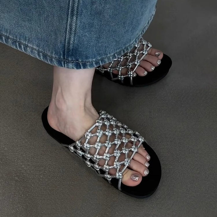 silver Women's knotted net platform slides