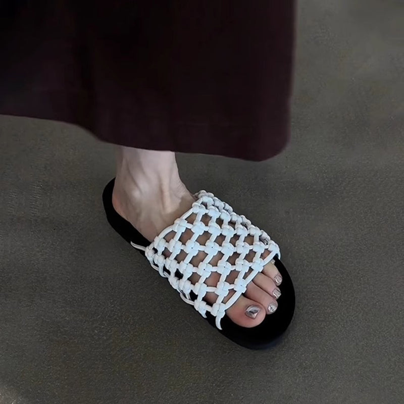 white Women's knotted net platform slides