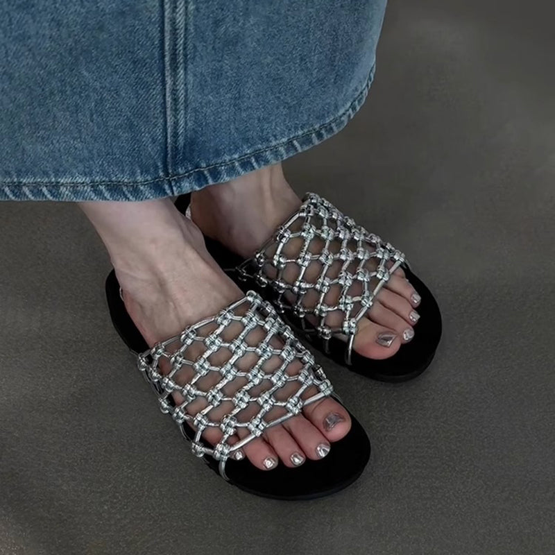 Women's knotted net platform slides
