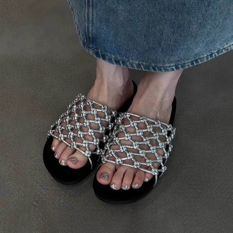 silver Women's knotted net platform slides