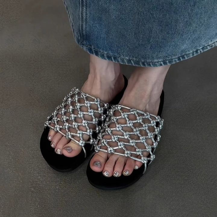 silver Women's knotted net platform slides
