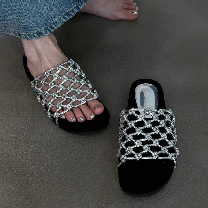 silver Women's knotted net platform slides