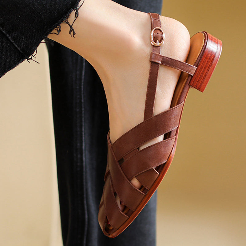 coffee Women's leather woven cage closed toe sandals