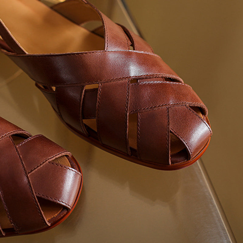 coffee Women's leather woven cage closed toe sandals