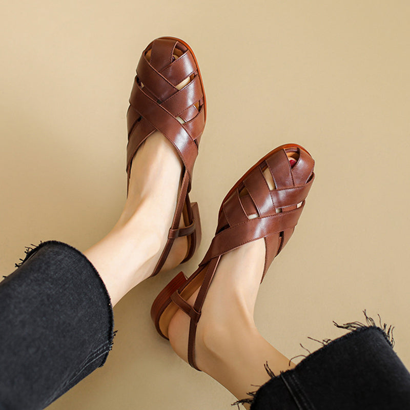 coffee Women's leather woven cage closed toe sandals