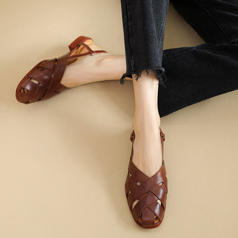 coffee Women's leather woven cage closed toe sandals