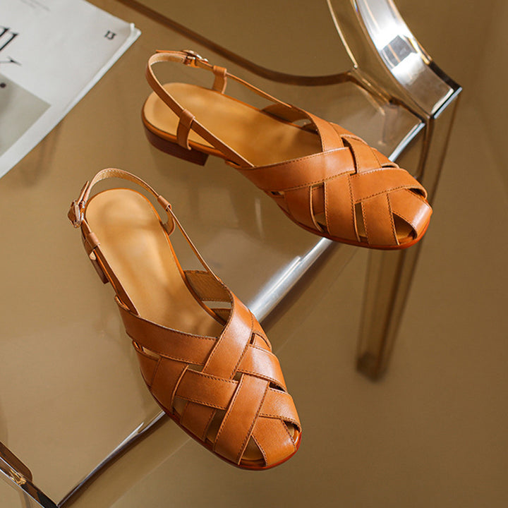 brown Women's leather woven cage closed toe sandals