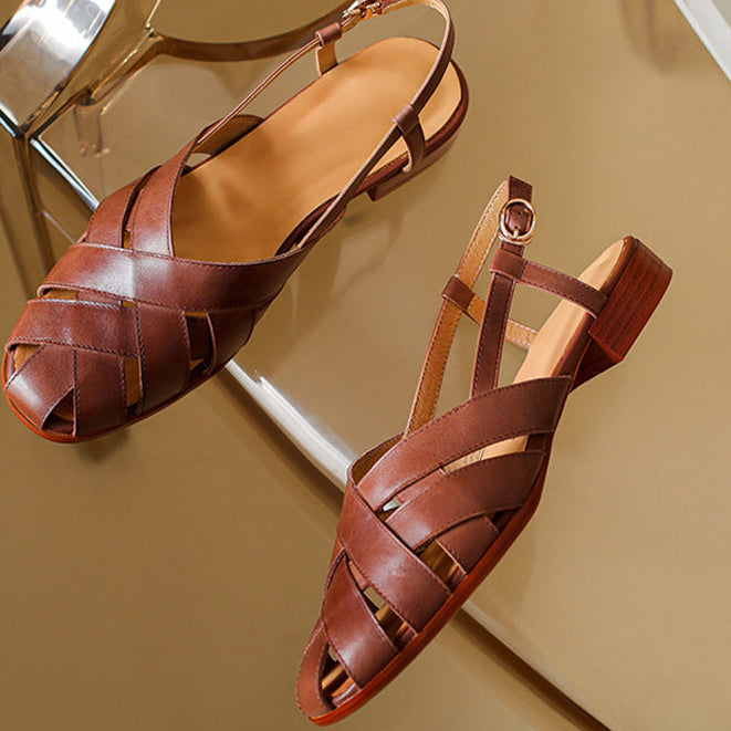 coffee Women's leather woven cage closed toe sandals