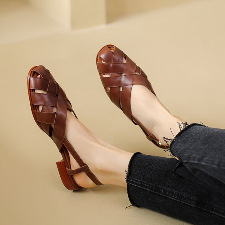 Women's leather woven cage closed toe sandals