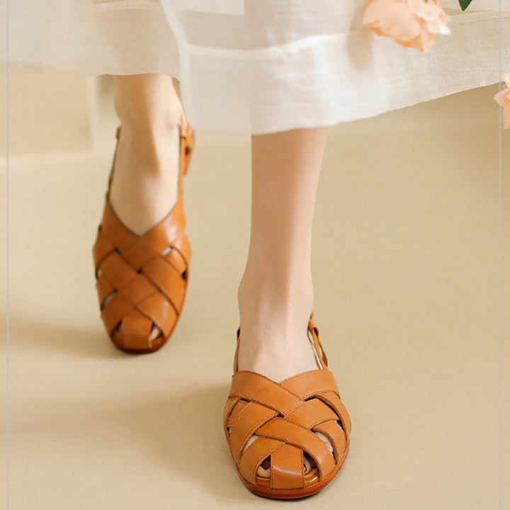 brown Women's leather woven cage closed toe sandals