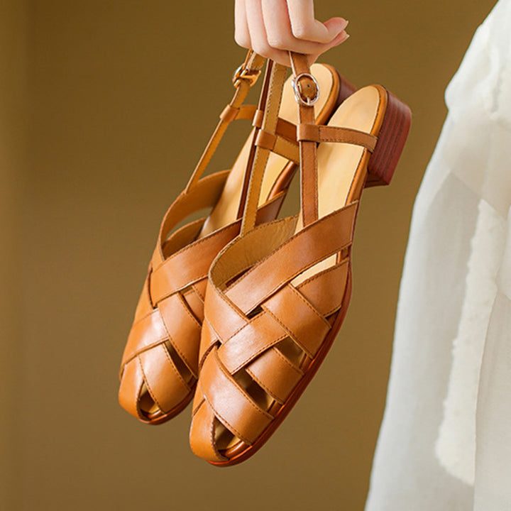 brown Women's leather woven cage closed toe sandals