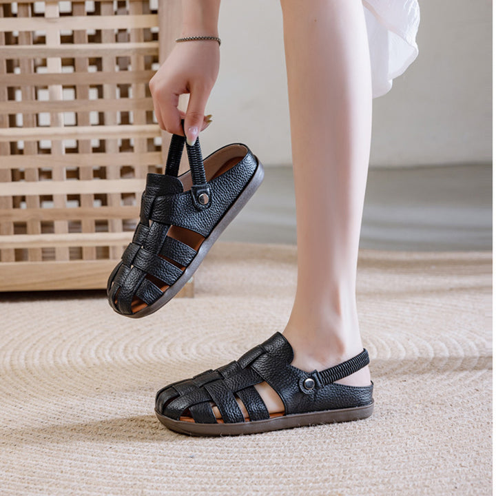 black Women's leather woven fisherman sandals