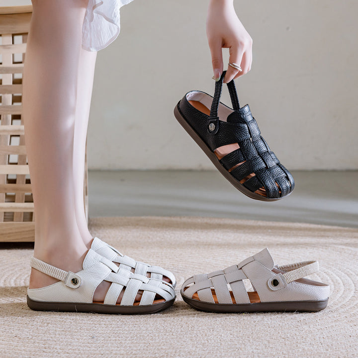 white Women's leather woven fisherman sandals