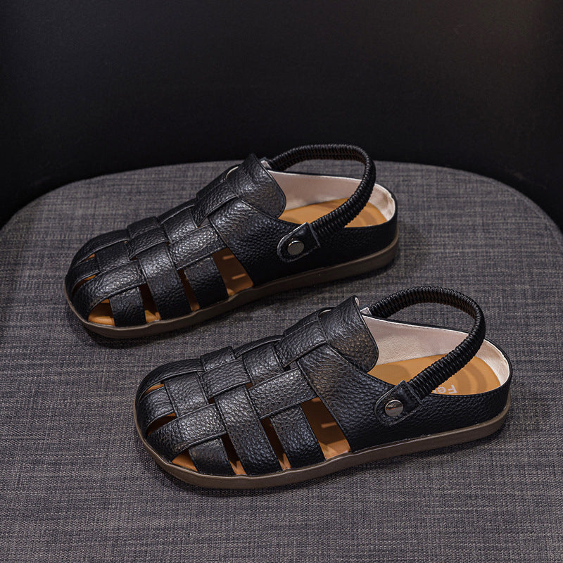 black Women's leather woven fisherman sandals