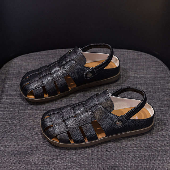 black Women's leather woven fisherman sandals