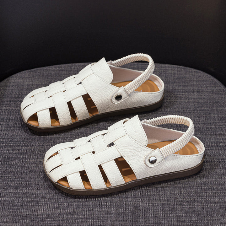 white Women's leather woven fisherman sandals