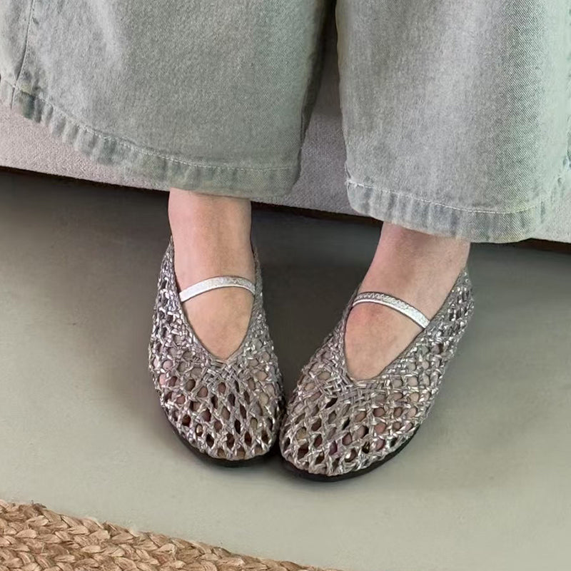 silver Women's leather woven mary jane flats
