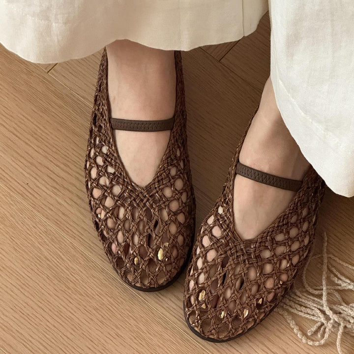 Women's leather woven mary jane flats