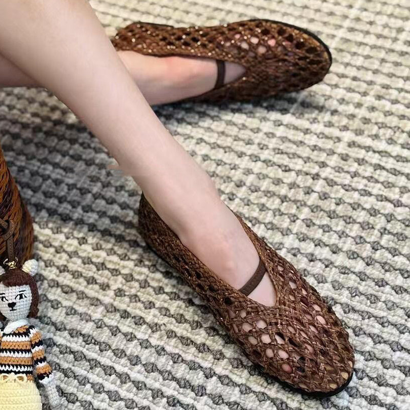 brown Women's leather woven mary jane flats