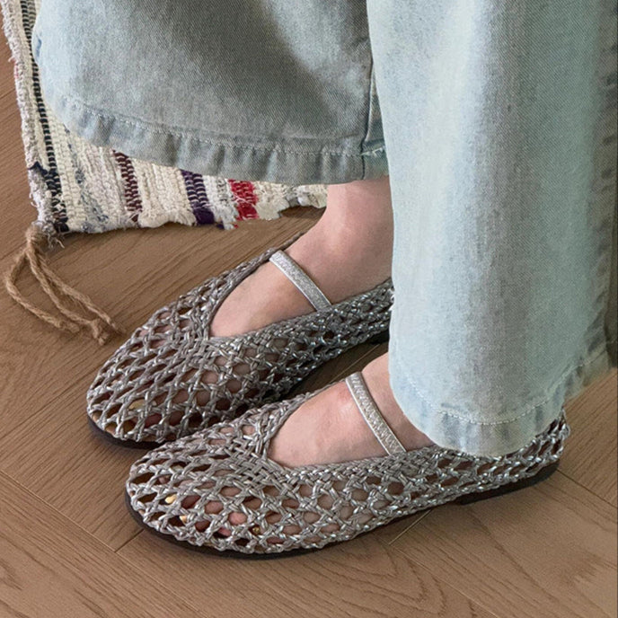 silver Women's leather woven mary jane flats