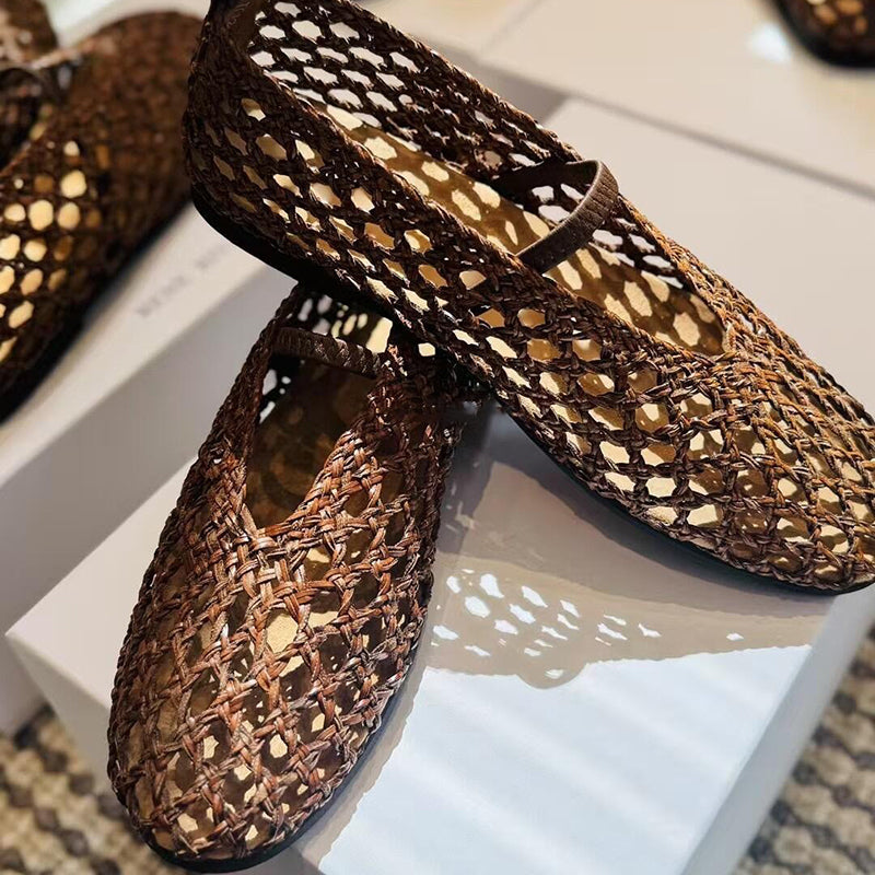 brown Women's leather woven mary jane flats