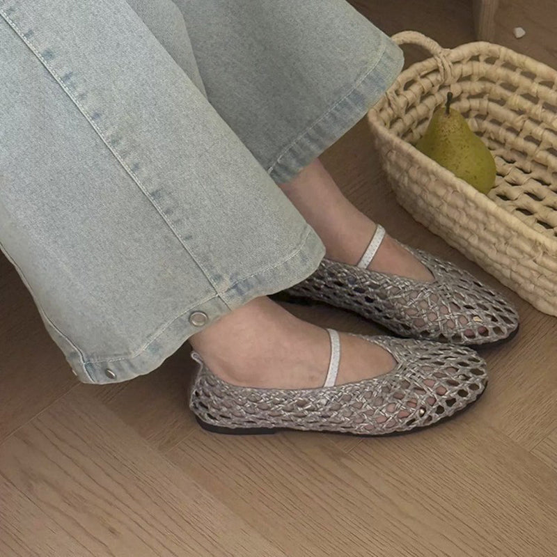 Women's leather woven mary jane flats