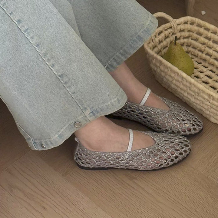 Women's leather woven mary jane flats