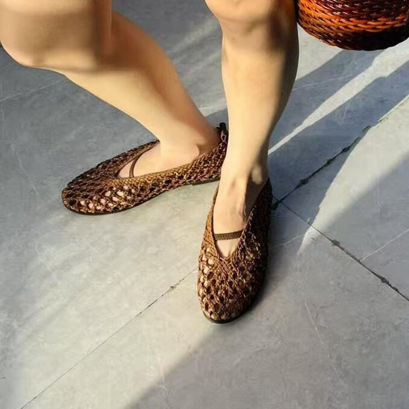 brown Women's leather woven mary jane flats