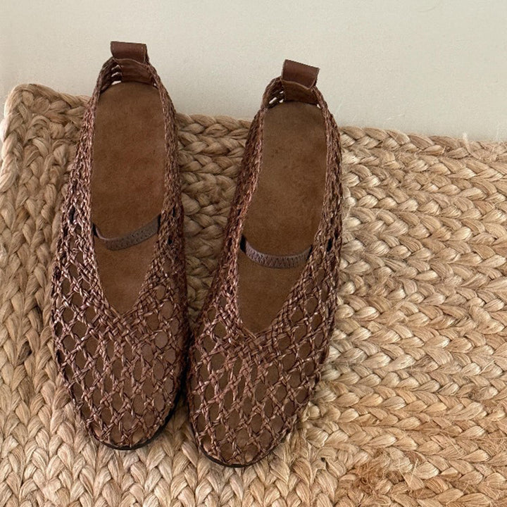 brown Women's leather woven mary jane flats