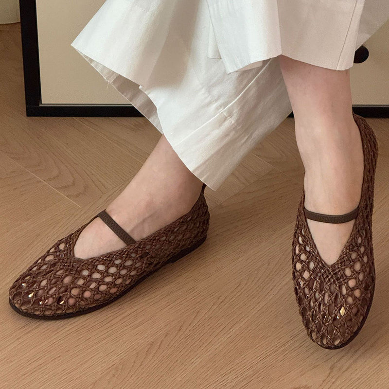brown Women's leather woven mary jane flats