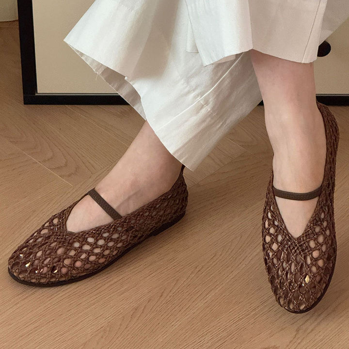brown Women's leather woven mary jane flats