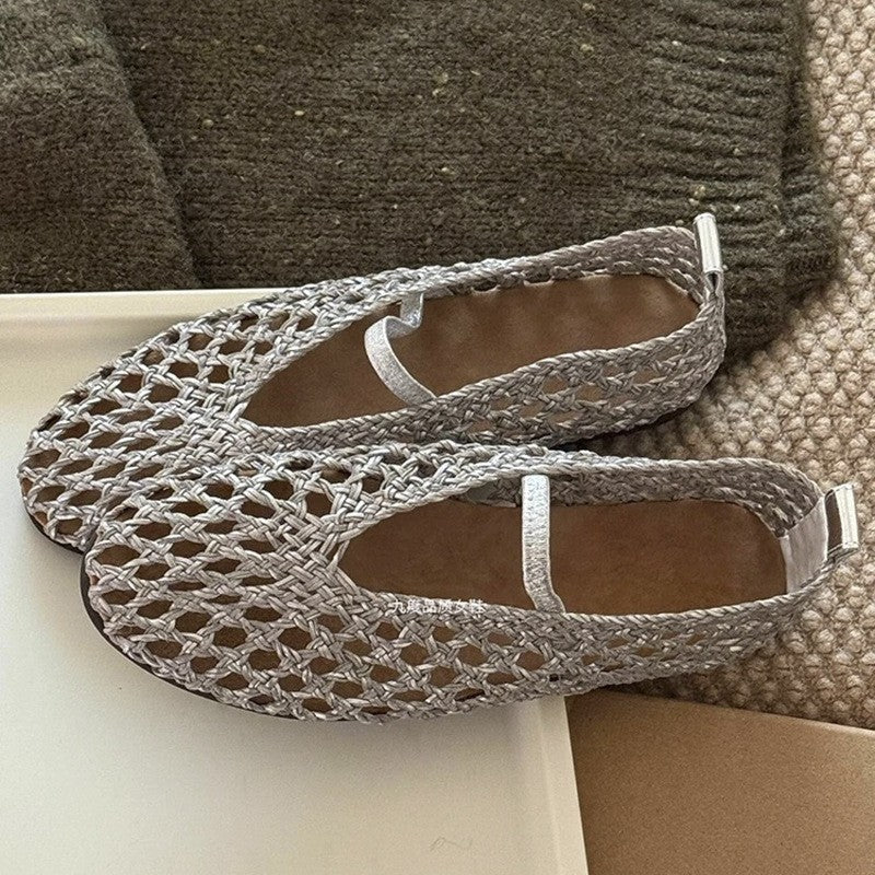 silver Women's leather woven mary jane flats