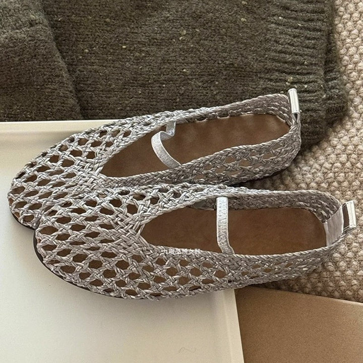 silver Women's leather woven mary jane flats