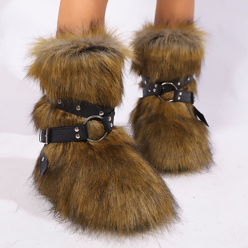 Women's long artificial fur fuzzy mid calf snow boots