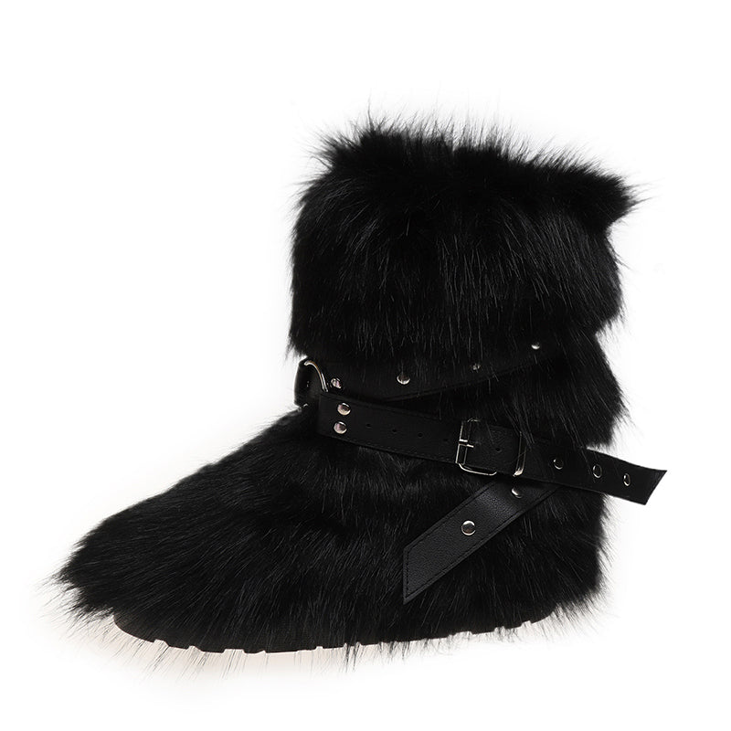 black Women's long artificial fur fuzzy mid calf snow boots