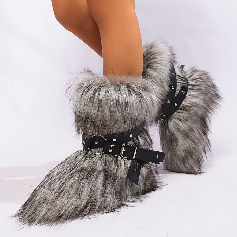 gray Women's long artificial fur fuzzy mid calf snow boots
