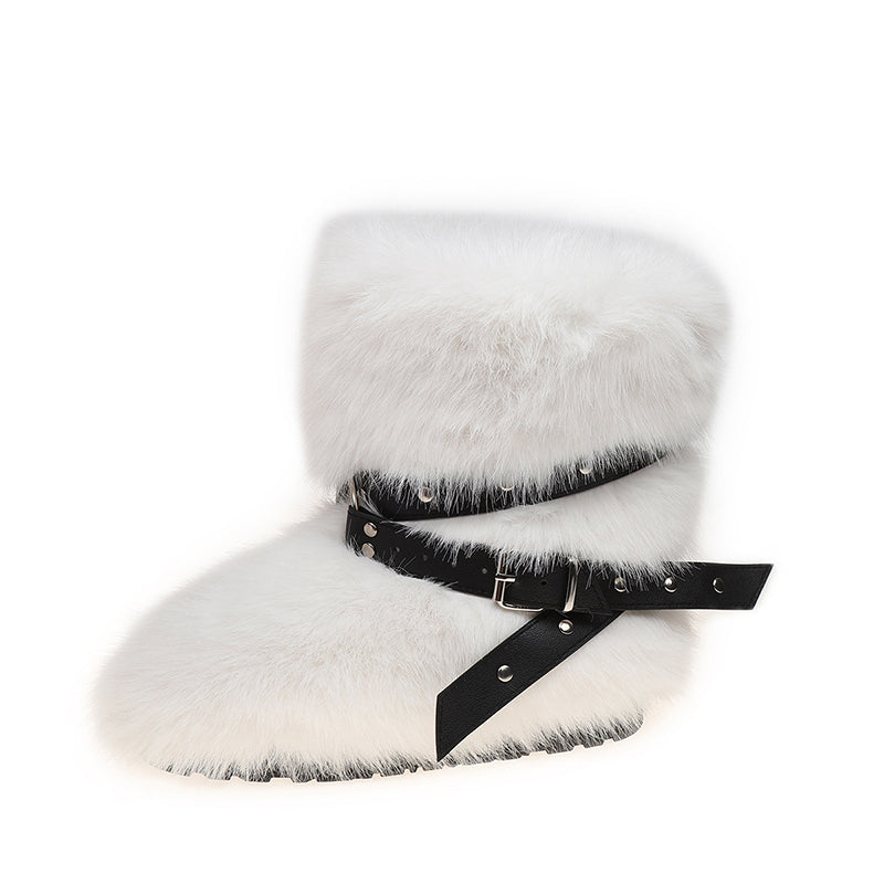 white Women's long artificial fur fuzzy mid calf snow boots