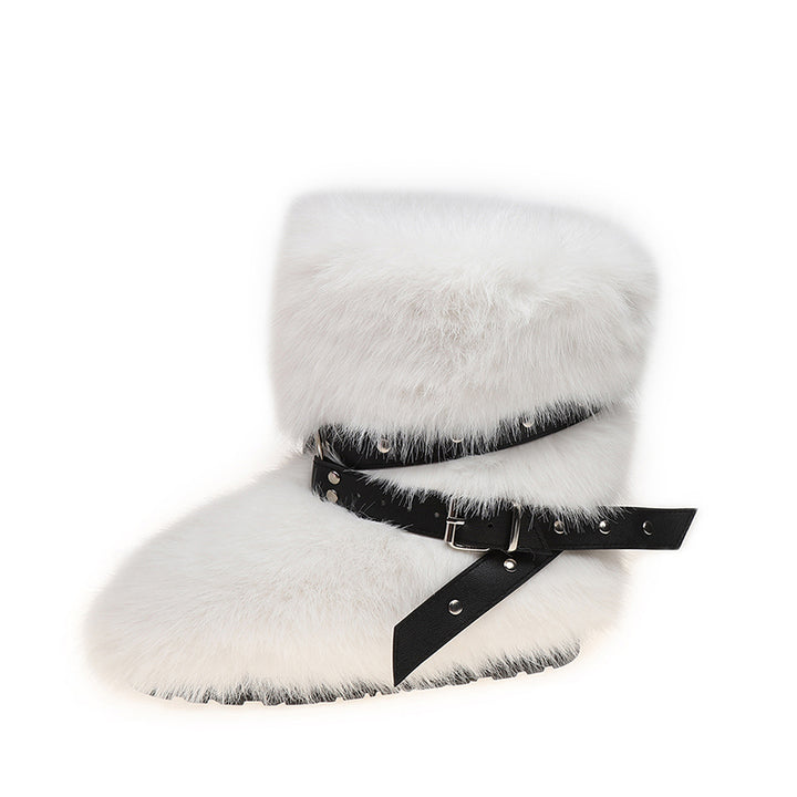 white Women's long artificial fur fuzzy mid calf snow boots