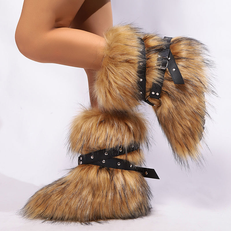 Women's long artificial fur fuzzy mid calf snow boots