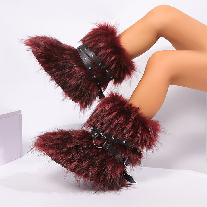 Women's long artificial fur fuzzy mid calf snow boots