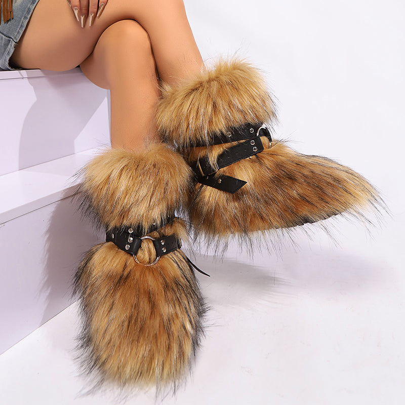 camel Women's long artificial fur fuzzy mid calf snow boots