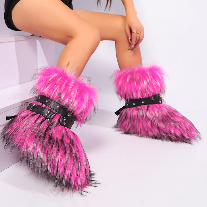 Women's long artificial fur fuzzy mid calf snow boots