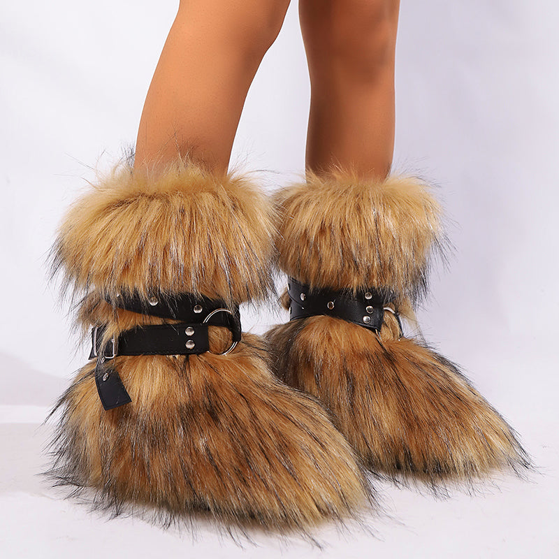 camel Women's long artificial fur fuzzy mid calf snow boots