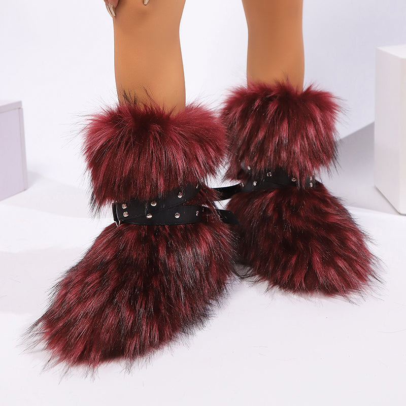 burgundy Women's long artificial fur fuzzy mid calf snow boots